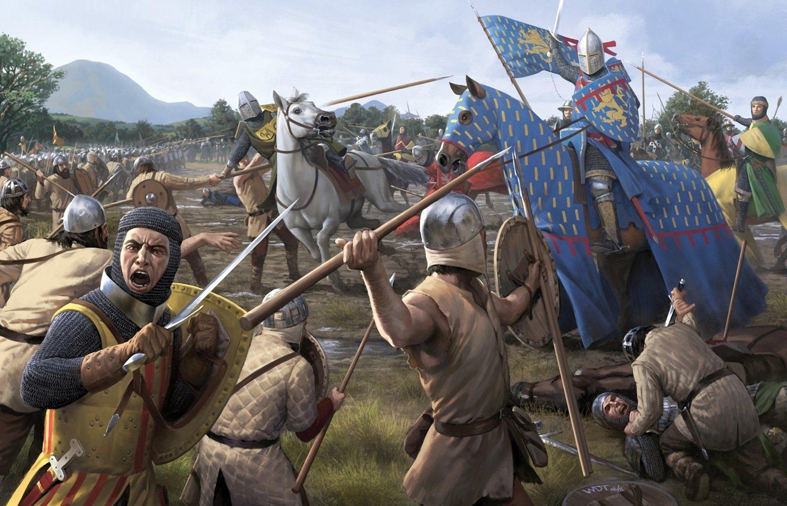 a painting of a battle with a man holding a sword