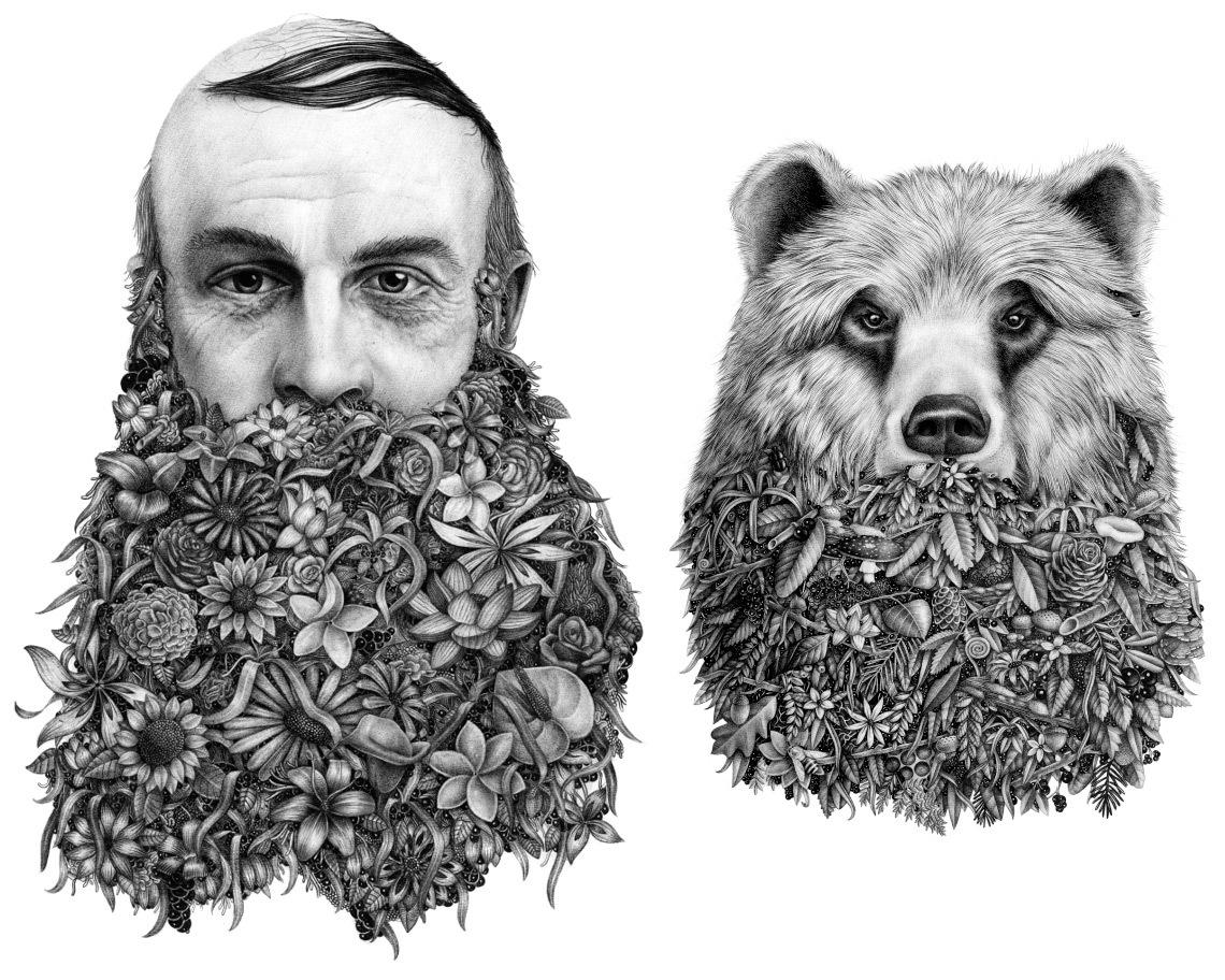 a drawing of a man with a beard and flowers on it