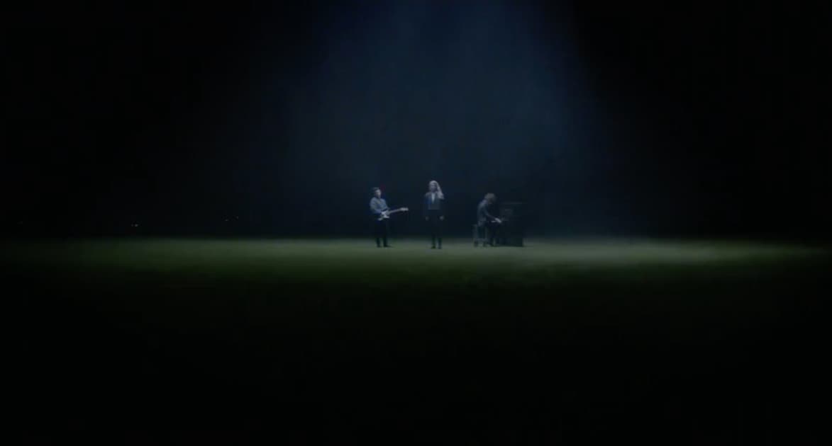 a group of people standing on top of a lush green field