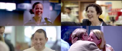 a collage of people laughing and laughing together