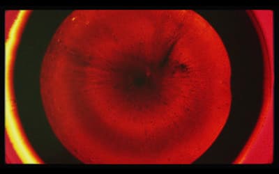 a close up of a red object with a black background