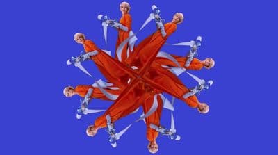 a computer generated image of a group of people in orange outfits