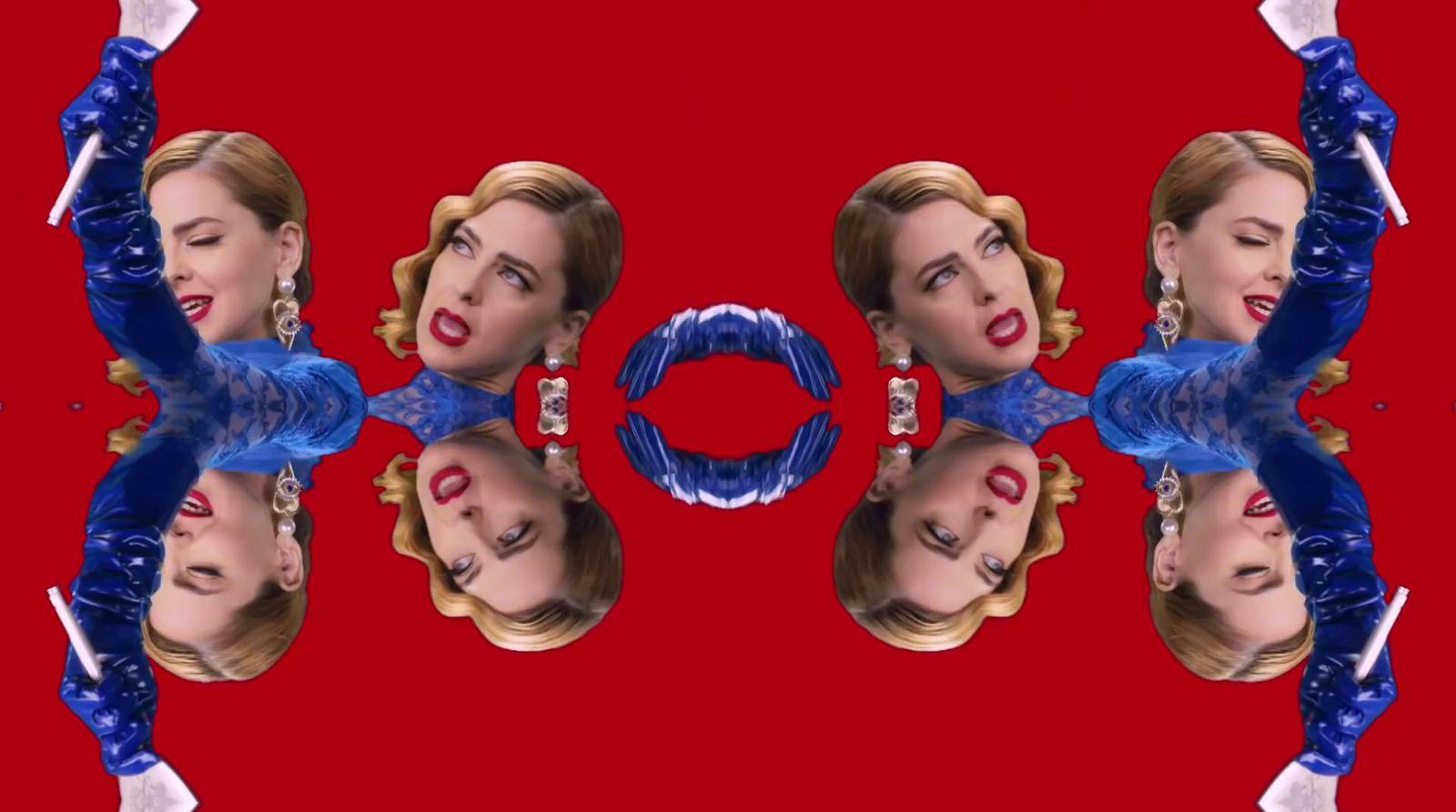a picture of a woman's face with a red background