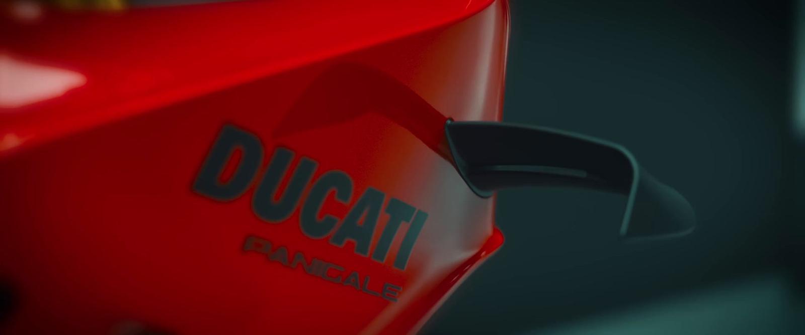 a close up of a red duc motorcycle