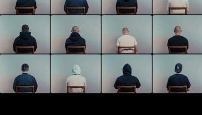 a series of photographs of a man sitting in a chair
