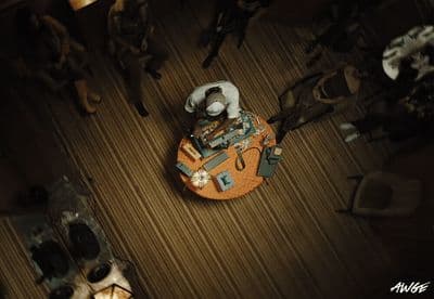 a group of people standing around a table