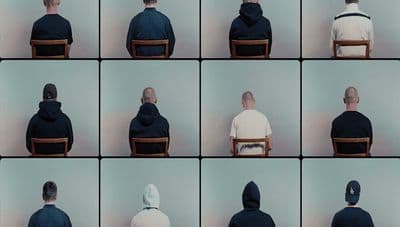 a series of photographs of a man sitting in a chair