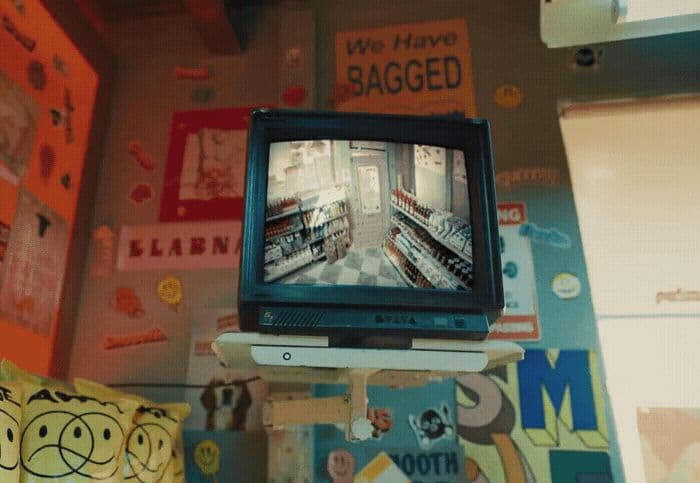 a small television sitting on top of a shelf