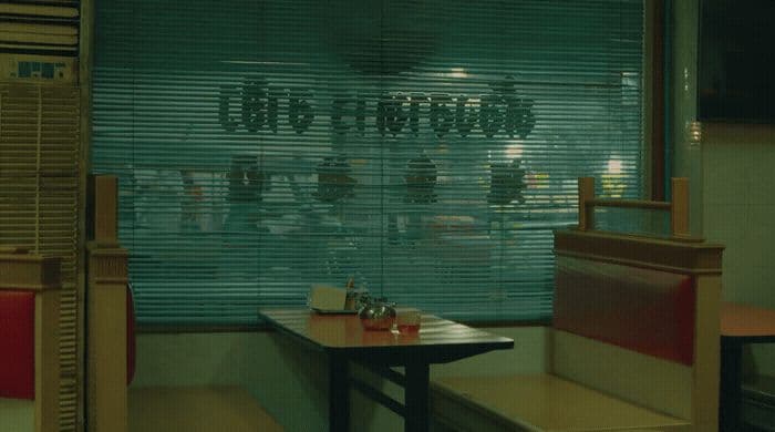 a restaurant with a table and chairs in front of a window
