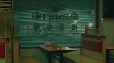 a restaurant with a table and chairs in front of a window