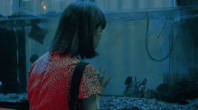 a woman standing in front of a fish tank