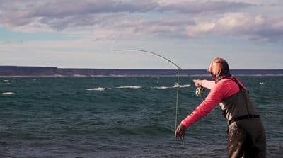 a man standing on top of a beach holding a fishing pole