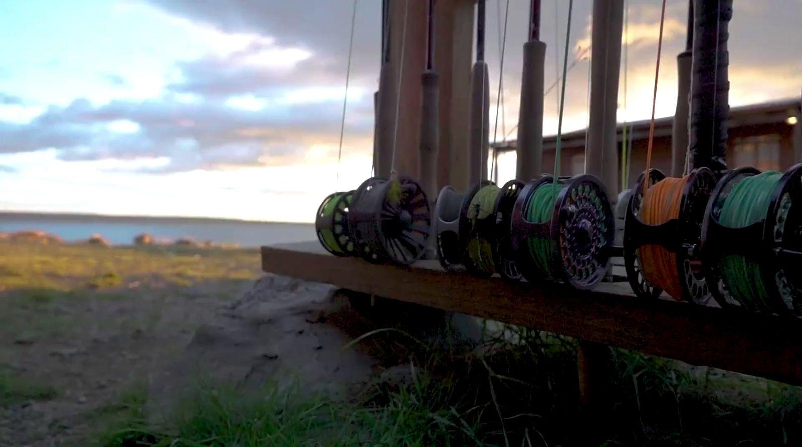 a row of skateboards sitting on top of a wooden bench