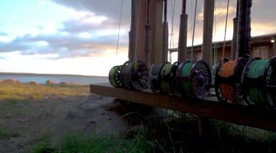 a row of skateboards sitting on top of a wooden bench