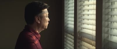 a man looking out of a window with blinds