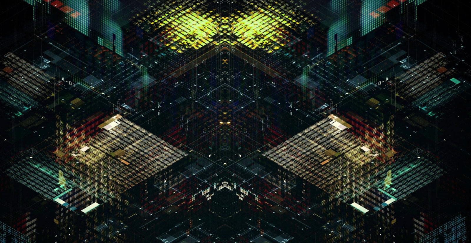 an abstract image of squares and squares in a dark room