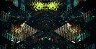 an abstract image of squares and squares in a dark room