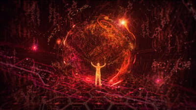 a person standing in front of a red and black background