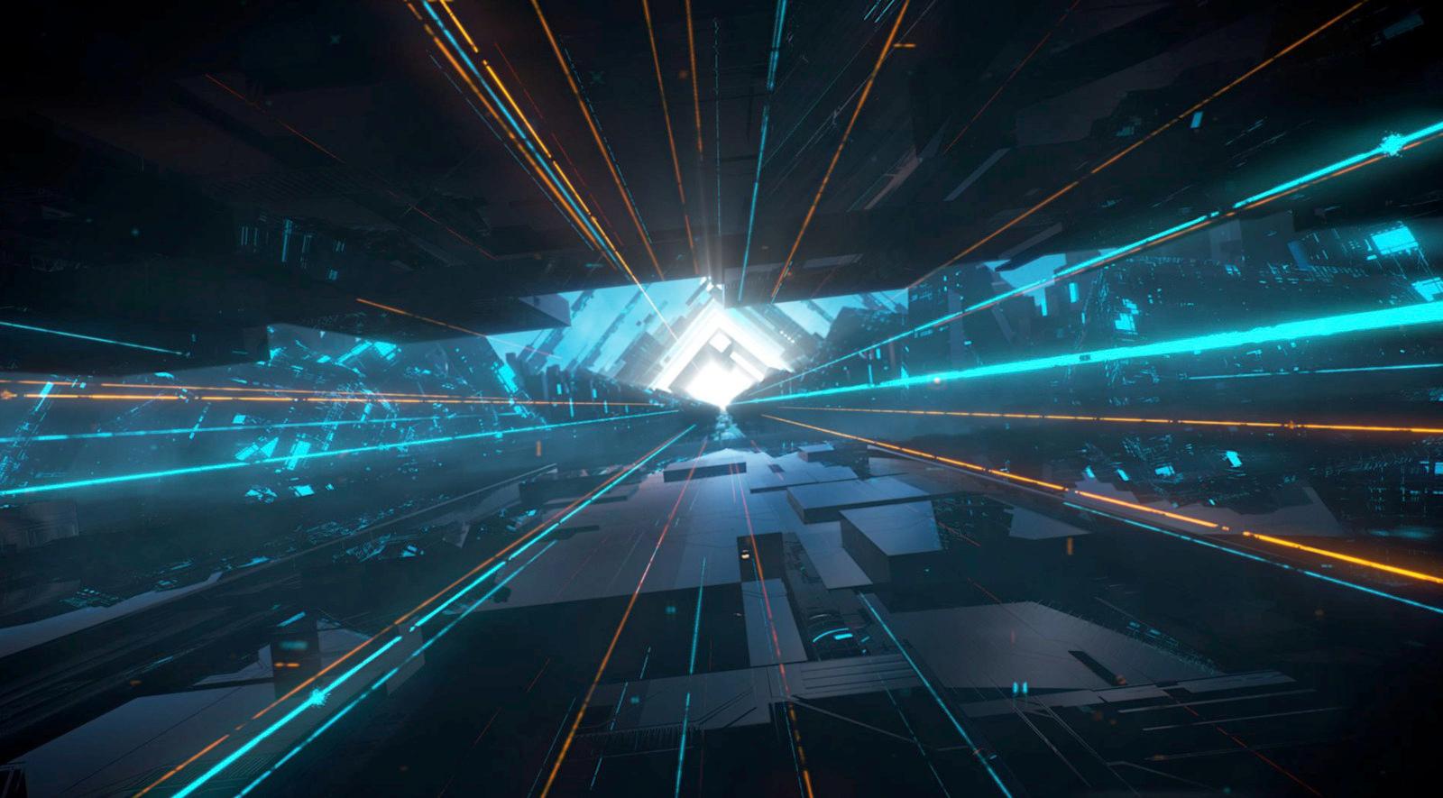 a futuristic city with neon lights and a dark background