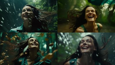 a collage of photos of a woman in the rain