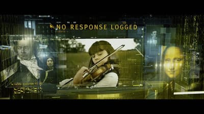 a woman holding a violin in front of a poster