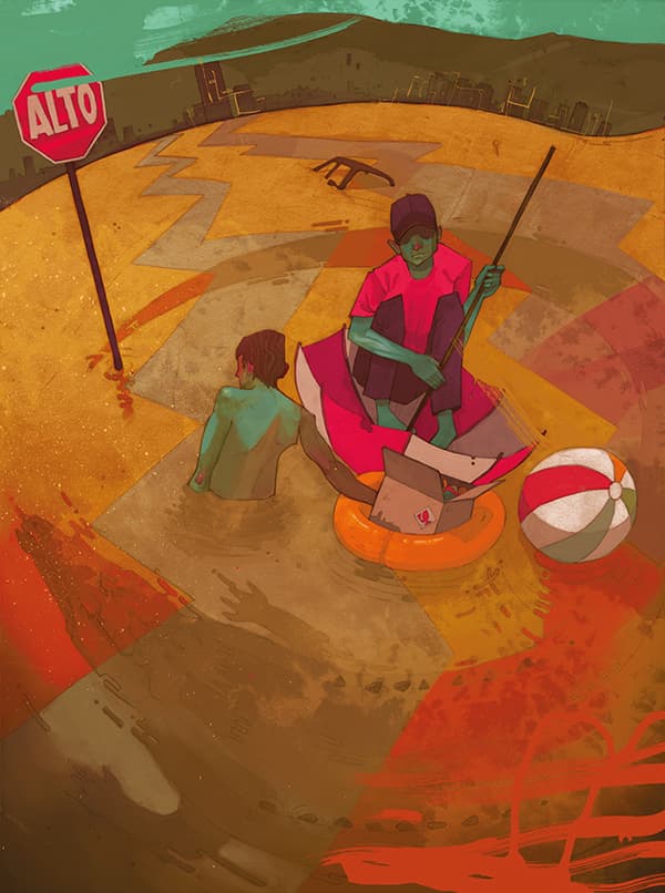 a painting of a man and a child sitting on the ground