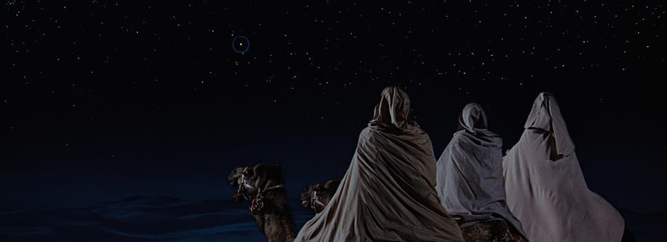 a group of people standing on top of a hill under a sky filled with stars