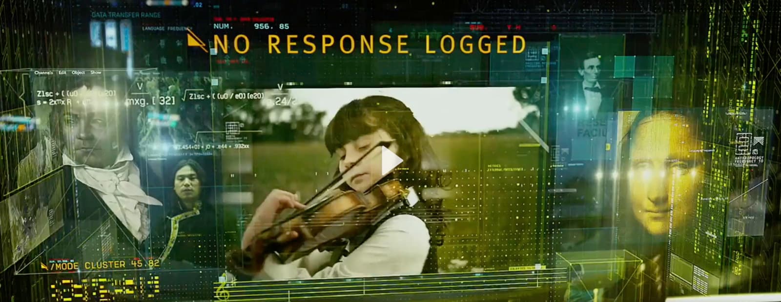 a woman holding a violin in front of a screen