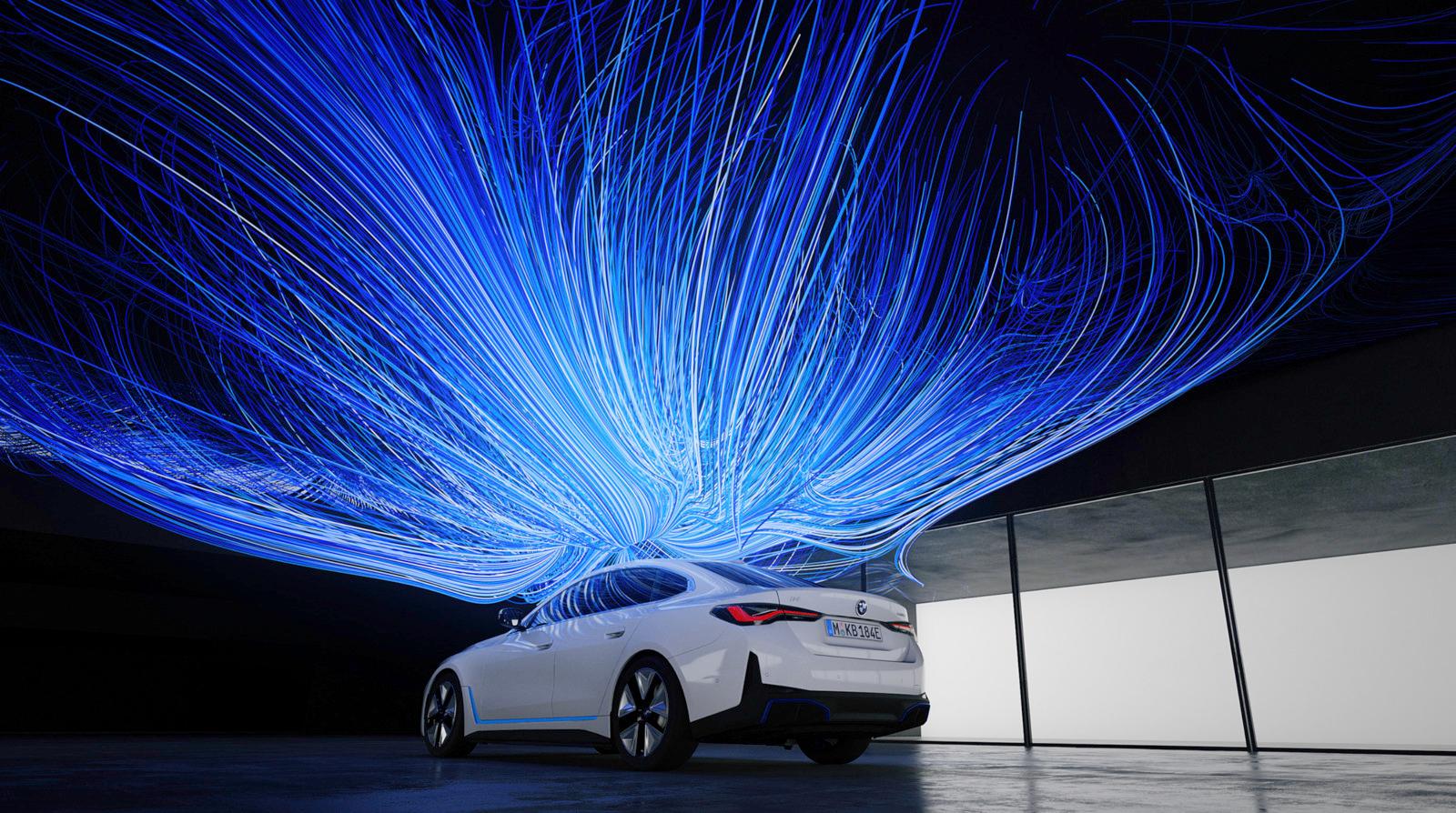 a car parked in front of a building with blue lights