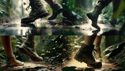 a collage of photos of people walking in the rain