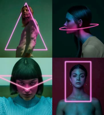 a series of photos of a woman with a neon frame