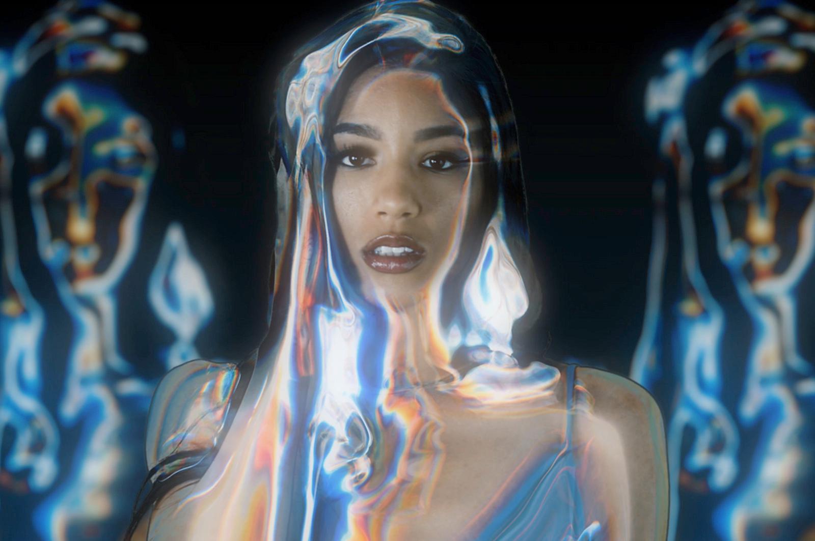 a woman in a futuristic dress with a futuristic background