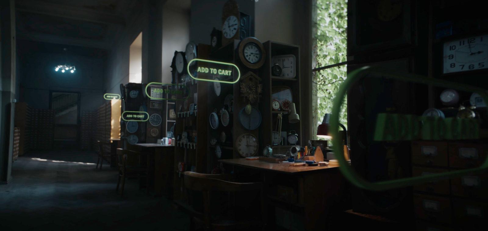a dimly lit room with clocks on the wall