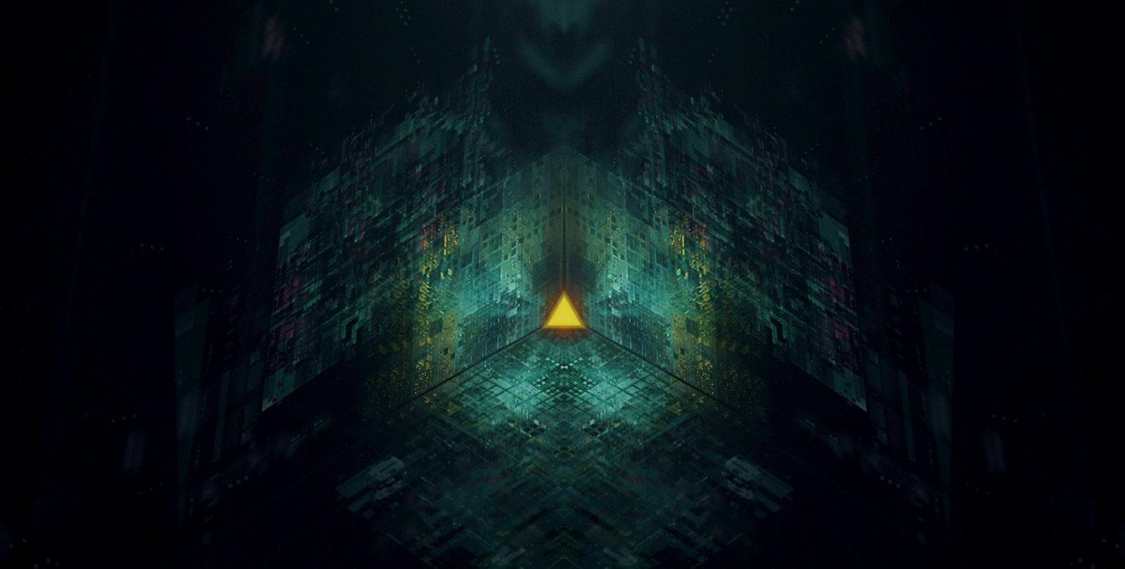 a dark room with a yellow triangle in the center