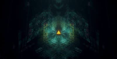 a dark room with a yellow triangle in the center