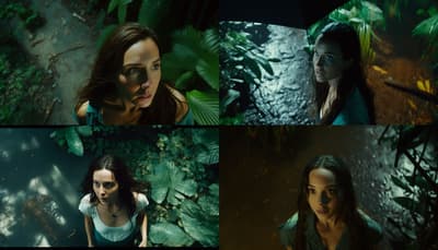 a collage of photos of a woman in a forest