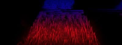 a red and blue pattern on a black background