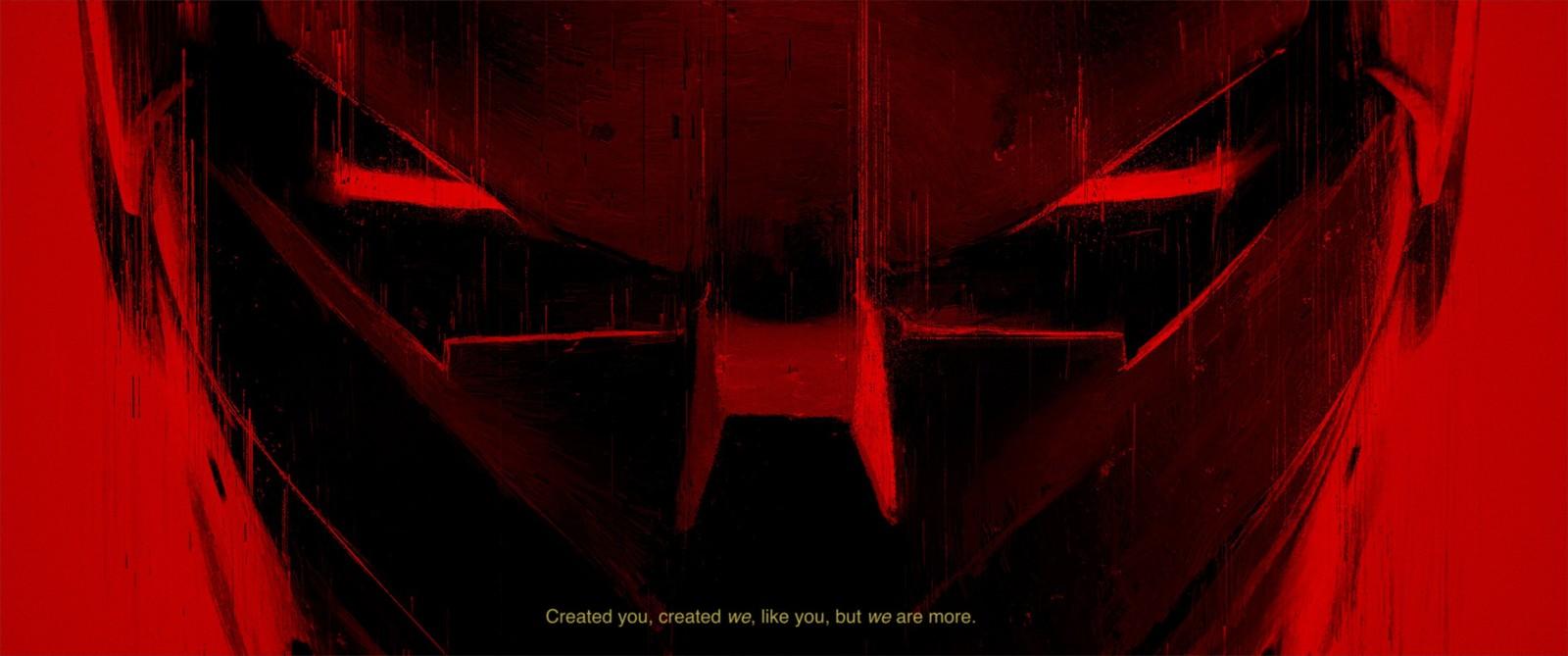 a red poster with a batman mask on it
