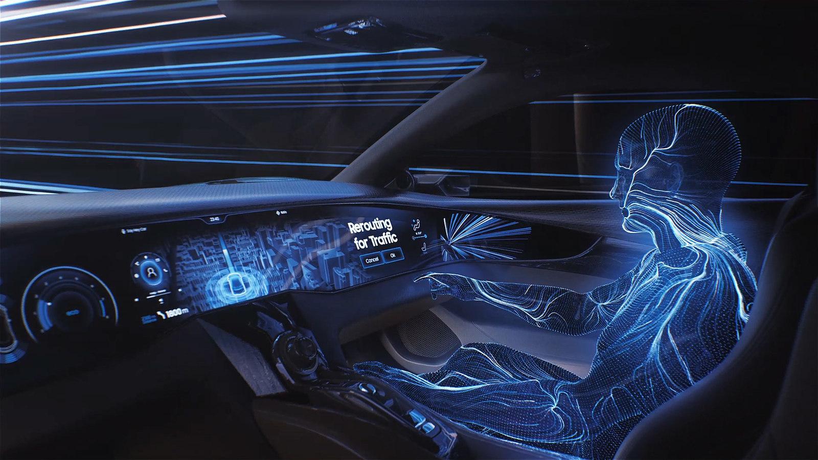 a car dashboard with a digital image of a person driving