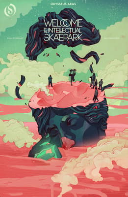a poster of a man's head with a sky background