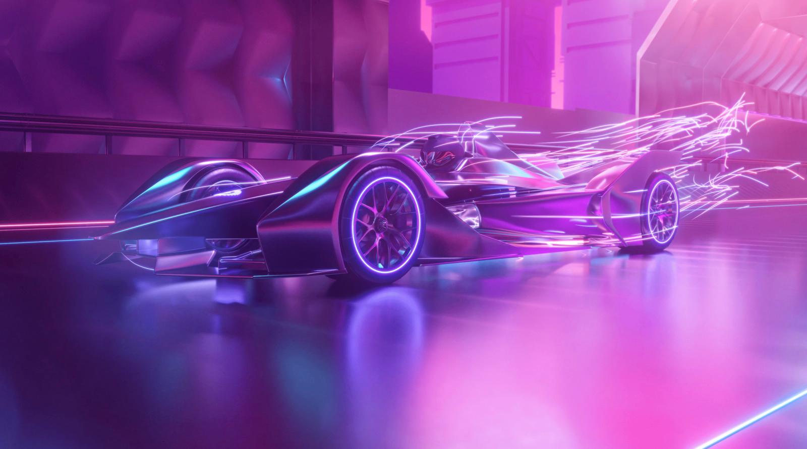 a futuristic race car driving through a futuristic city
