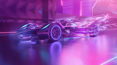 a futuristic race car driving through a futuristic city