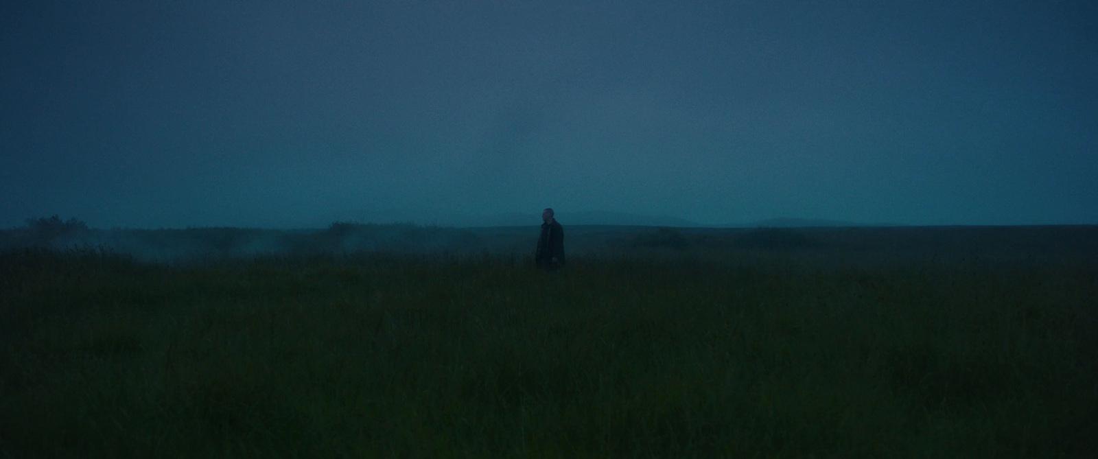 a person standing in a field at night