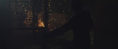 a person standing in a dark room with a fire in the background