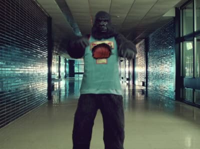 a man in a gorilla suit holding a basketball