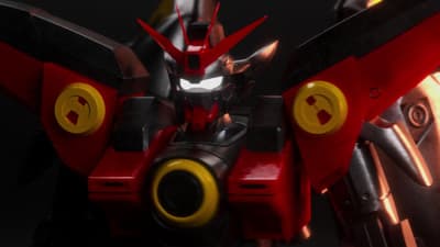 a close up of a red and black robot