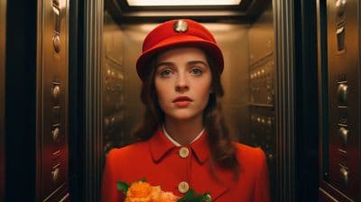 a woman in a red uniform holding a bouquet of flowers