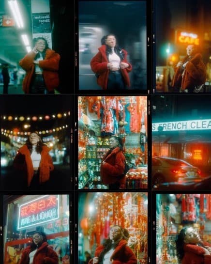 a collage of photos of a woman in a red coat