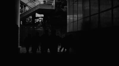 a black and white photo of people walking under a bridge