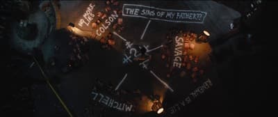 a group of people sitting around a table with writing on it